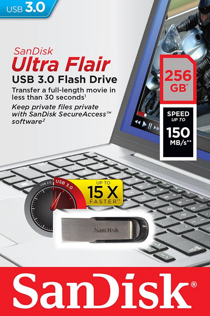 Memorie USB SanDisk Ultra Flair 256 GB, USB 3.0, Negru - imagine 2
